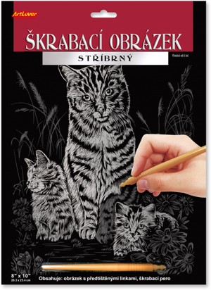 Škrabací obrázek stříbrný 20x25 cm - Kočka s koťat