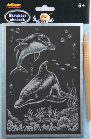 Škrabací obrázek - stříbrný A5 - delfíni