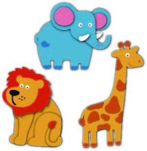 Pěnová žirafa, slon a lev